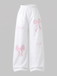 SHEIN 少女蝴蝶結與字母印花鬆緊腰休閒長褲 - 彩色 - 查看 5