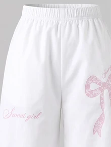 SHEIN 少女蝴蝶結與字母印花鬆緊腰休閒長褲 - 彩色 - 查看 4