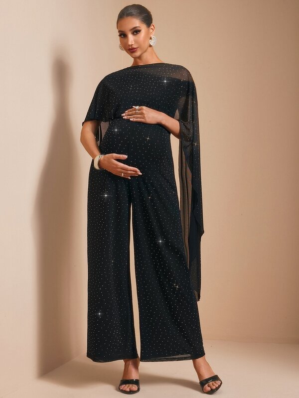 MaterniChic Maternity Fashion Party Photoshoot Rhinestone Jumpsuit Black Summer Maternity