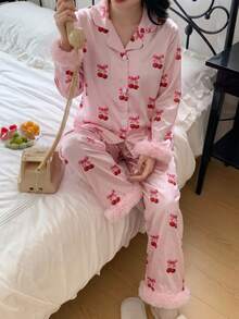 女童可愛蝴蝶結櫻桃粉色印花舒適柔軟緞面袖口與下擺拼接羅紋開襟衫長袖褲 2件套睡衣套裝 秋冬款 - 彩色 - 查看 3