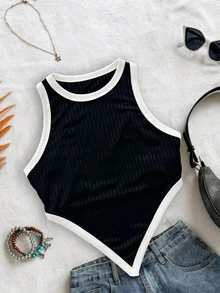 SHEIN PETITE Women Contrast Binding Asymmetrical Hem Rib Knit Tank Top ,Petite Women - Black - View 4