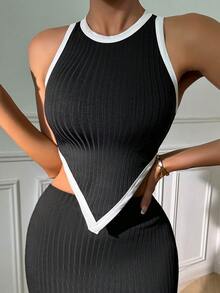 SHEIN PETITE Women Contrast Binding Asymmetrical Hem Rib Knit Tank Top ,Petite Women - Black - View 5