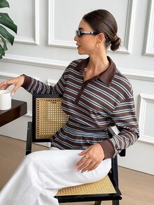 SHEIN Frenchy Contrast Striped Print Drop Shoulder Peplum Hem Tee - Blue - View 7