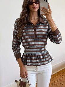 SHEIN Frenchy Contrast Striped Print Drop Shoulder Peplum Hem Tee - Blue - View 4