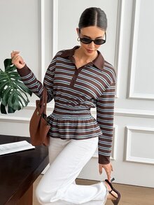 SHEIN Frenchy Contrast Striped Print Drop Shoulder Peplum Hem Tee - Blue - View 9