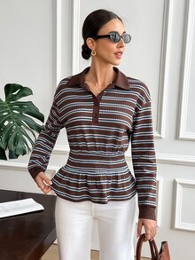 SHEIN Frenchy Contrast Striped Print Drop Shoulder Peplum Hem Tee - Blue - View 8