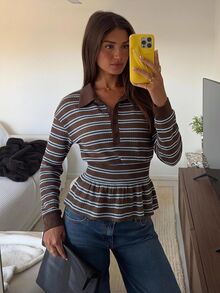 SHEIN Frenchy Contrast Striped Print Drop Shoulder Peplum Hem Tee - Blue - View 5