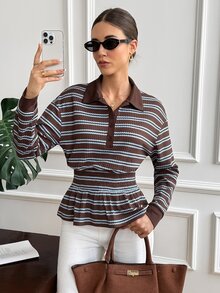 SHEIN Frenchy Contrast Striped Print Drop Shoulder Peplum Hem Tee - Blue - View 10