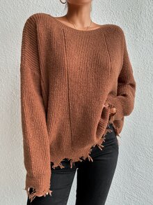 SHEIN VCAY Drop Shoulder Distressed Trim Jumper - Coffee Brown - View 10