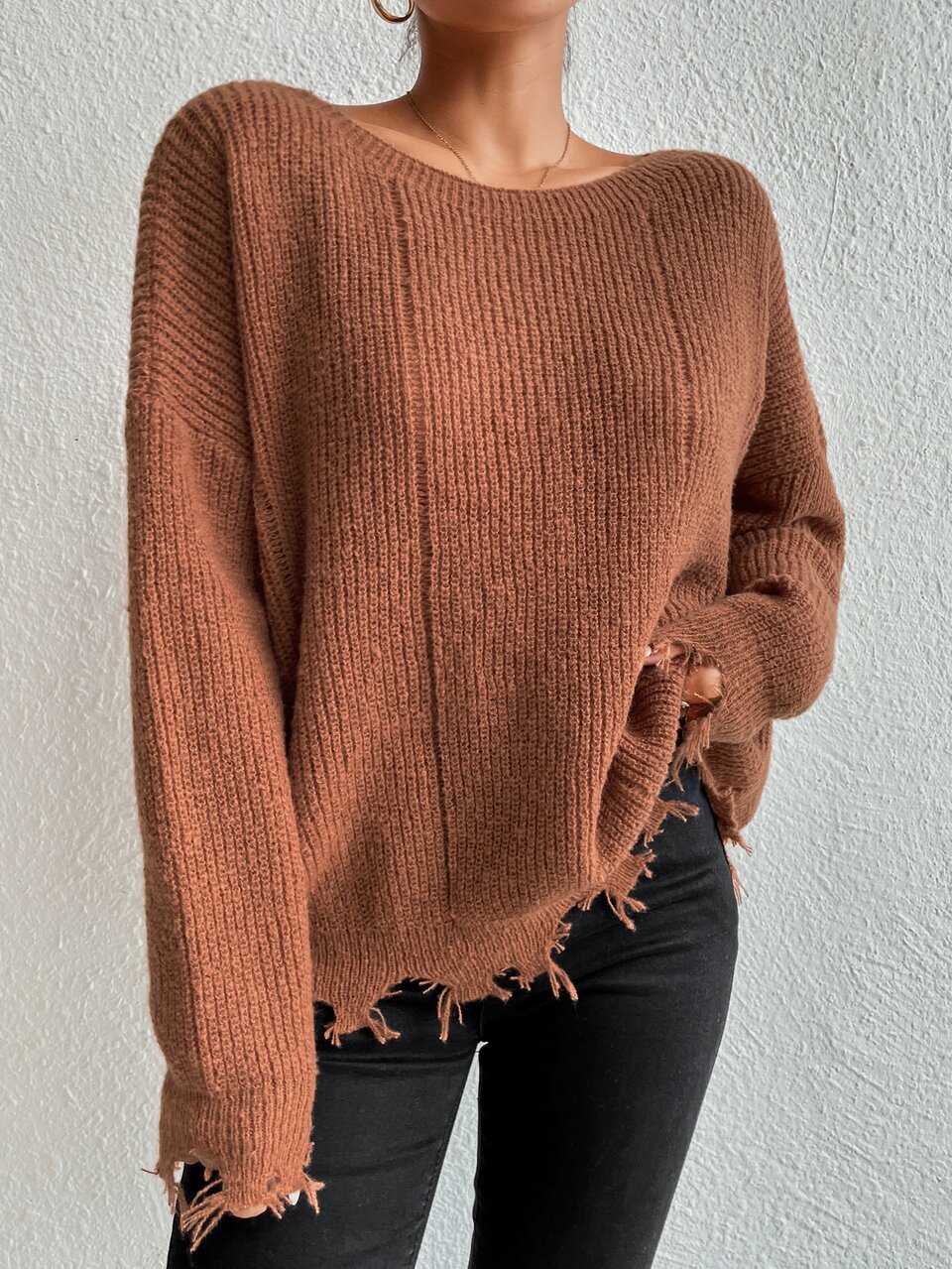 Drop Shoulder Distressed Trim Sweater,Long Sleeve Tops In Fall/Winter