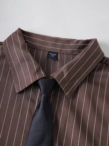 ROMWE MEN Essentials Men's Striped Loose Tie Long Sleeve Shirt - Coffee Brown - View 2