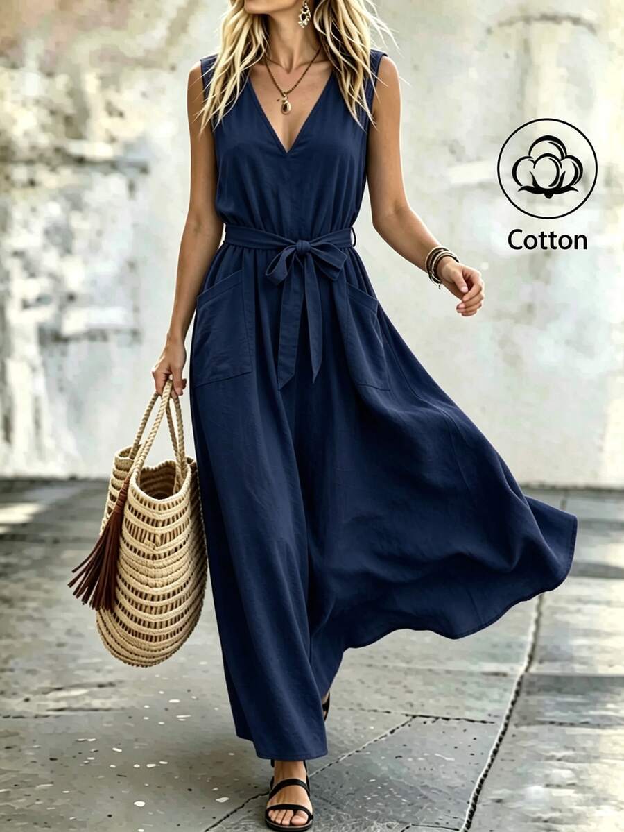 SHEIN Holidaya 女款休閒極簡風春夏棉質V領寬鬆無袖洋裝，適合日常與度假穿著，海軍藍