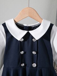 SHEIN 女童可愛 2 合 1 長袖黑色洋裝，返校季 - 藍色 - 查看 5