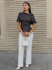 Andrea Bello 新款棕色波点泡泡袖女式衬衫 - 棕色 - 查看 4