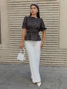 Andrea Bello 新款棕色波点泡泡袖女式衬衫 - 棕色 - 查看 2