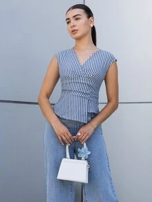 Andrea Bello Women's Striped V-Neck Pleated Asymmetric Hem Blouse,Summer Top - Navy Blue - View 4