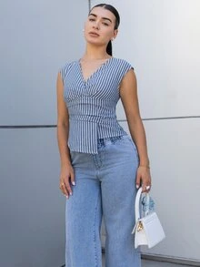 Andrea Bello Women's Striped V-Neck Pleated Asymmetric Hem Blouse,Summer Top - Navy Blue - View 6