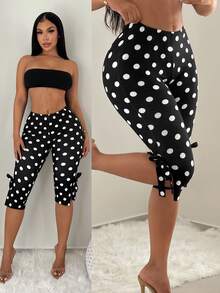 SHEIN SXY 女士复古优雅波点印花系带七分裤，度假风 - 黑與白 - 查看 8