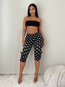 SHEIN SXY 女士复古优雅波点印花系带七分裤，度假风 - 黑與白 - 查看 4