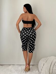 SHEIN SXY 女士复古优雅波点印花系带七分裤，度假风 - 黑與白 - 查看 6
