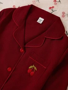 青少年女孩酒紅色櫻桃刺繡寬鬆版型2件式睡衣套裝，秋冬柔軟舒適可愛居家休閒睡衣家居服 - 酒紅色 - 查看 9