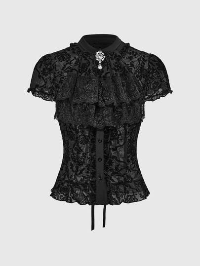 Women Vintage Gothic Baroque Style Sheer Mesh Flocked Detachable Ruffle Tie Collar Rhinestone Pendant Lace-Up Frill Sleeves Black Blouse