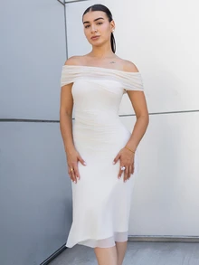 Andrea Bello Women's Off-Shoulder Korean Style Elegant Party Mid-Length Dress Maxi Dress Sundress Petite - White - View 6