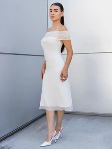 Andrea Bello Women's Off-Shoulder Korean Style Elegant Party Mid-Length Dress Maxi Dress Sundress Petite - White - View 5