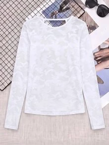 SHEIN Cheerettes 女款迷彩印花長袖休閒健身運動T恤 - 白色 - 查看 1