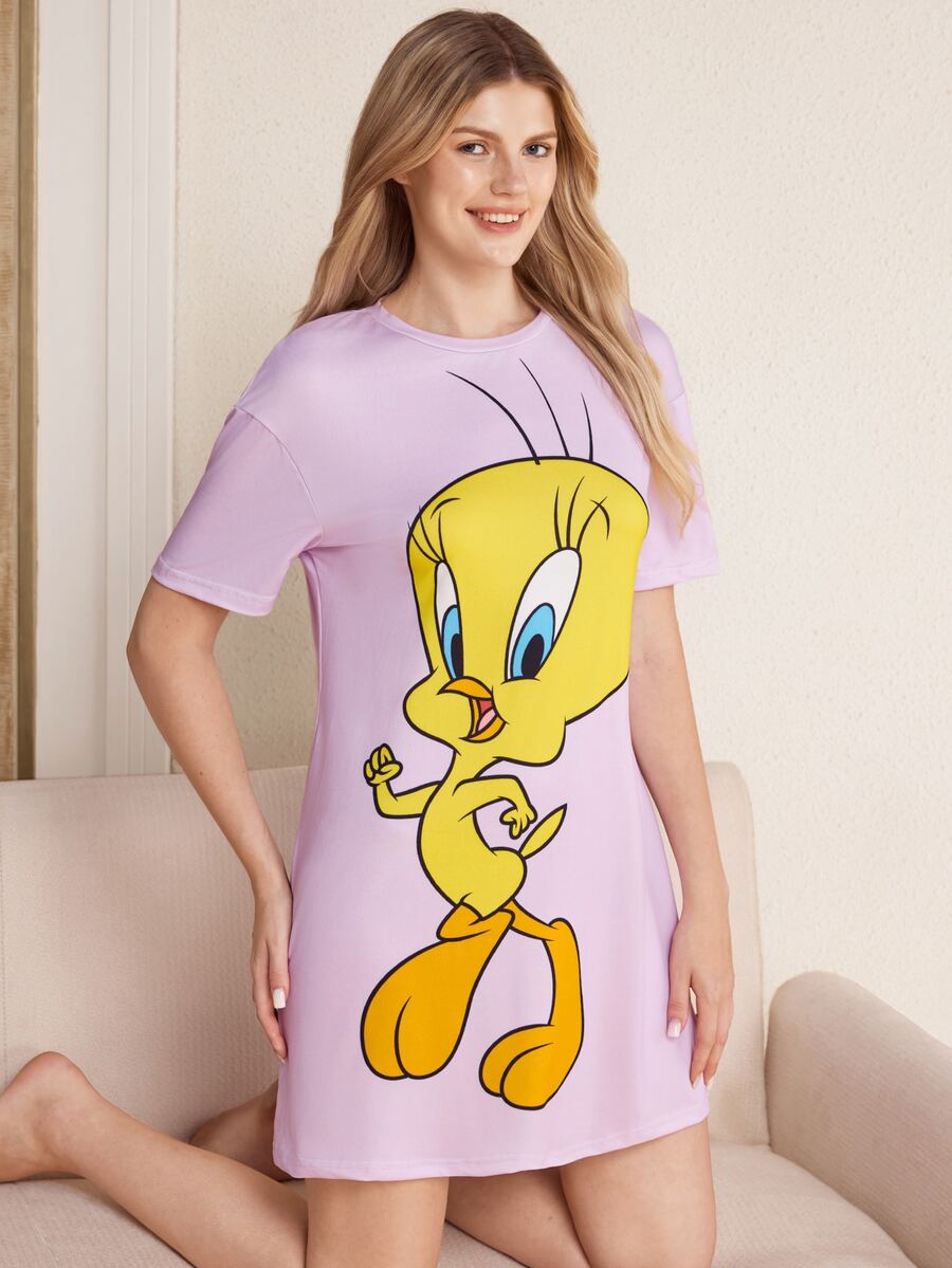LOONEY TUNES X SHEIN Camisola Casual de Manga Curta com Estampa de Desenho Animado para Mulheres - Malva - Visão 1