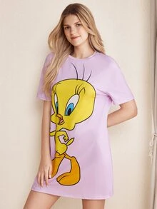 LOONEY TUNES X SHEIN Camisola Casual de Manga Curta com Estampa de Desenho Animado para Mulheres - Malva - Visão 3