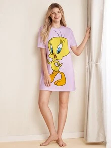 LOONEY TUNES X SHEIN Camisola Casual de Manga Curta com Estampa de Desenho Animado para Mulheres - Malva - Visão 4