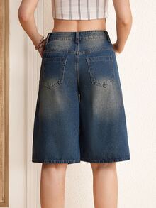 LOONEY TUNES X SHEIN Women's Casual Versatile Daily Denim Shorts With Pocket, Button And Cartoon Pattern - Blue - View 2