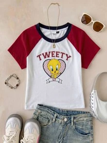 LOONEY TUNES X SHEIN Women's Raglan Short Sleeve Cropped Casual T-Shirt - White - View 8