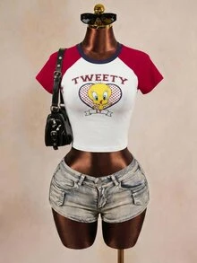 LOONEY TUNES X SHEIN Women's Raglan Short Sleeve Cropped Casual T-Shirt - White - View 9