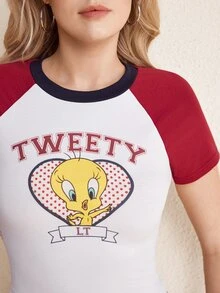 LOONEY TUNES X SHEIN Women's Raglan Short Sleeve Cropped Casual T-Shirt - White - View 3