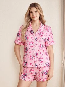 LOONEY TUNES X SHEIN 女款短袖單排扣上衣與短褲睡衣套裝 - 粉色 - 查看 6