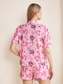 LOONEY TUNES X SHEIN 女款短袖單排扣上衣與短褲睡衣套裝 - 粉色 - 查看 2