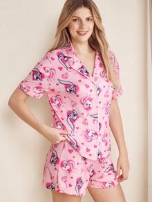 LOONEY TUNES X SHEIN 女款短袖單排扣上衣與短褲睡衣套裝 - 粉色 - 查看 4