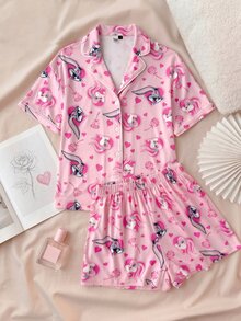 LOONEY TUNES X SHEIN 女款短袖單排扣上衣與短褲睡衣套裝 - 粉色 - 查看 7