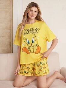 LOONEY TUNES X SHEIN Women's Round Neck Letter Cartoon Print Short Sleeve Top And Shorts Casual Daily Home Pajama Set - Yellow - View 1