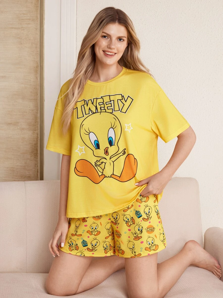 LOONEY TUNES X SHEIN Women's Round Neck Letter Cartoon Print Short Sleeve Top And Shorts Casual Daily Home Pajama Set - Yellow - View 1
