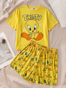 LOONEY TUNES X SHEIN Women's Round Neck Letter Cartoon Print Short Sleeve Top And Shorts Casual Daily Home Pajama Set - Yellow - View 7