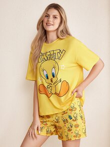 LOONEY TUNES X SHEIN Women's Round Neck Letter Cartoon Print Short Sleeve Top And Shorts Casual Daily Home Pajama Set - Yellow - View 3