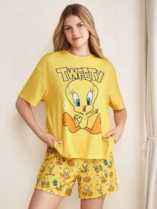 LOONEY TUNES X SHEIN Women's Round Neck Letter Cartoon Print Short Sleeve Top And Shorts Casual Daily Home Pajama Set - Yellow - View 6