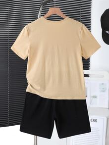 兒童青少年男孩休閒簡約卡通圖案圓領短袖T恤2件套，適合夏季、萬聖節、秋季、學校、聖誕節 - 卡其色 - 查看 3
