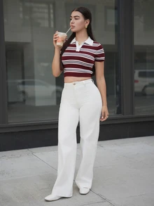 Andrea Bello Blus Kasual untuk Wanita, Sweater Rajut Bergaris Lengan Pendek Ketat - Coklat - View 3