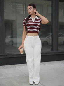 Andrea Bello Blus Kasual untuk Wanita, Sweater Rajut Bergaris Lengan Pendek Ketat - Coklat - View 5