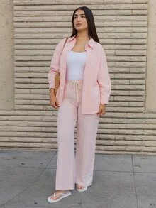 Andrea Bello Atasan Denim Katun Longgar Lengan Panjang dengan Kerah Lipat untuk Wanita - Berwarna merah muda - View 1