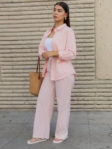 Andrea Bello Atasan Denim Katun Longgar Lengan Panjang dengan Kerah Lipat untuk Wanita - Berwarna merah muda - View 6